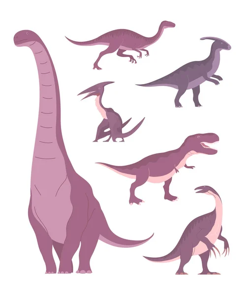 Set Ancient Carnivorous Herbivorous Dinosaurs Sauropod Tyrannosaurus Rex Therizinosaurus Pterosaur — Stock vektor