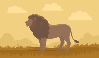 Lion on the background of the wild savannah. Big cat hunter with a mane. Predatory animal mammal of Africa. King lion. Fauna and zoology. Cartoon vector illustration
