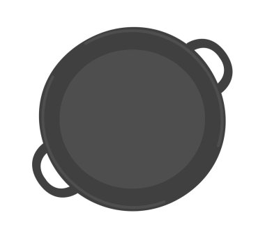 Kızartma tavası ve sapı. Yemek pişirmek için aletler. Metal kızartma tavası. Mutfak aksesuarı. Düz vektör çizimi beyaz arkaplanda izole edildi