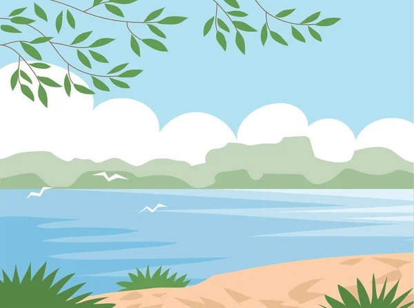 Summer landscape with lake shore and tree. Tree branch with green foliage. Wild beach. Beautiful nature. Flat vector illustration background