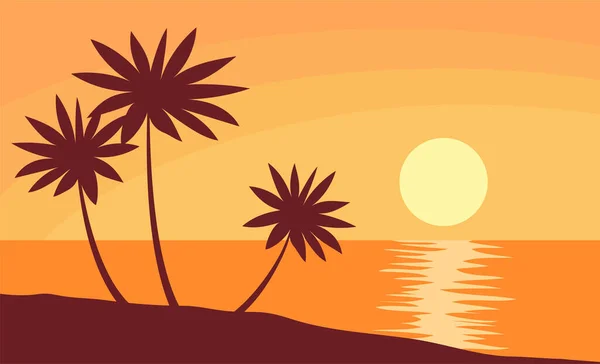 Beautiful Orange Sunset Beach Tropical Palm Sea Ocean Paradise Lagoon — Stock Vector