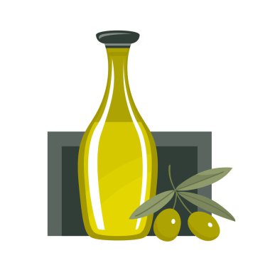 Cam zeytinyağı şişesi. Bir zeytin dalı. İtalyan mutfağı. Yemek tarifi için kullanışlı bir malzeme. Sağlıklı diyet yemekleri. İtalya bitkisi. Vektör karikatür çizimi beyaz arkaplanda izole edildi