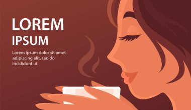 A beautiful young girl is drinking hot tea or coffee. Drink with caffeine. Coffee aroma. Nice morning. Happy face with a smile. Design template for banner, poster, label. Cartoon vector illustration