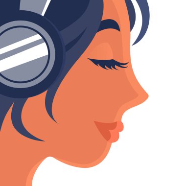The young beauty girl listens to music with headphones. Face in profile. Music album, style, concert. Lifestyle, relax and hobby. Cartoon vector illustration isolated on white background