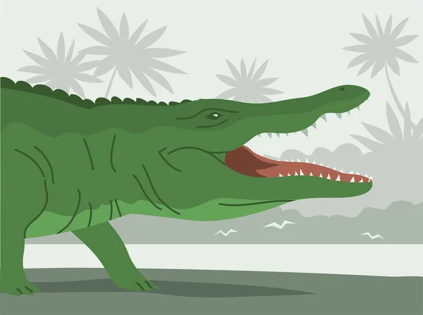 Green Crocodile Open Mouth Aquatic Carnivorous Reptile Toothy Alligator Caiman — Stok Vektör