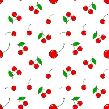 Cherry seamless pattern. Red berries with a leaf. Sweet tasty berry. Healthy food. Design texture for fabric, textile, postcard, label, packaging. Vector art illustration on white background
