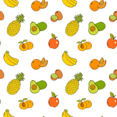 Fruits seamless pattern. Bananas, kiwi, avocado, orange, avocado, pineapple, apple and apricot. Design texture for fabric textile postcard label packaging. Cartoon vector illustration
