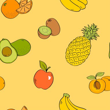Fruits seamless pattern set. Bananas, kiwi, avocado, orange, avocado, pineapple, apple and apricot. Design texture for fabric textile postcard label packaging. Cartoon vector illustration