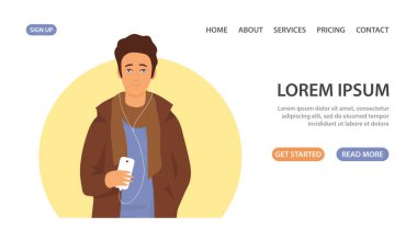 The young teenager listen music with headphones. Smartphone in hand. Music album concert podcast. Stereo sound. Lifestyle, relax and hobby. Design for banner, website. Cartoon vector illustration