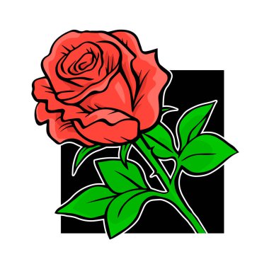 Red rose. Hand drawing with lines. Plants and flowers. Symbol of love and beauty. Decorative logo design, label. Vector cartoon illustration