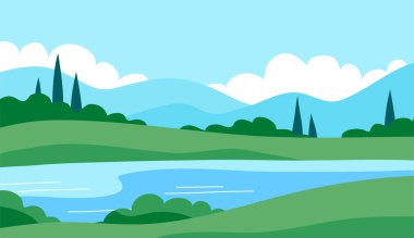 Summer italian landscape of nature. Panorama with green forest, cypress, fields, blue sky and lake. Rural scener. Flat vector illustration