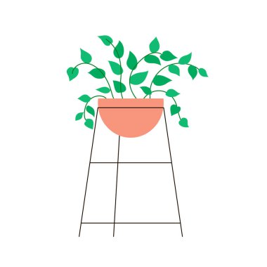 Decorative home flower. Pot with green plant. Object of a room interior. Flat vector illustration isolated on white background