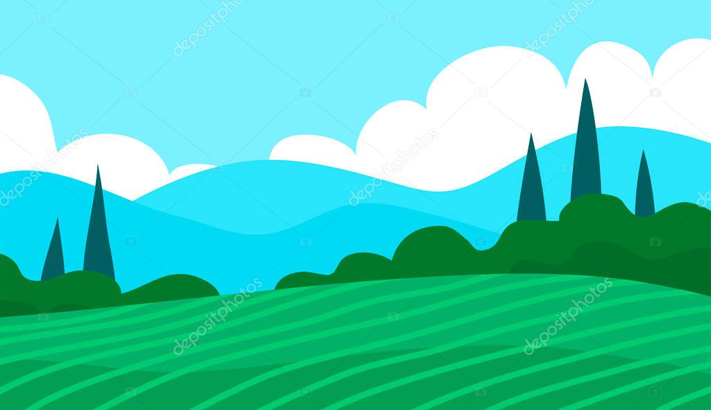 Summer italian landscape of nature. Panorama with green forest, cypress, fields and blue sky with clouds. Rural scener. Flat vector illustration