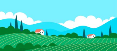 Summer italian landscape of nature. Panorama with green forest, vineyard, cypress, fields, blue sky and lake. Rural scener. Flat vector illustration