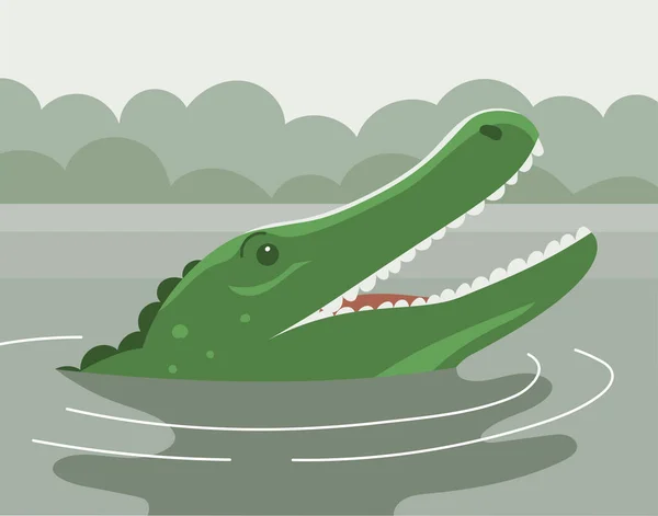 Зеленый Крокодил Открытым Ртом Голову Воду Водные Плотоядные Рептилии Зубной — стоковый вектор