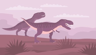 Jurasik dönemin büyük dinozor tyrannosaurus rex 'i. Avlanan iki yırtıcı. Etçil kertenkele. Tarih öncesi güçlü avcı. Vahşi doğa. Çizgi film vektör illüstrasyonu