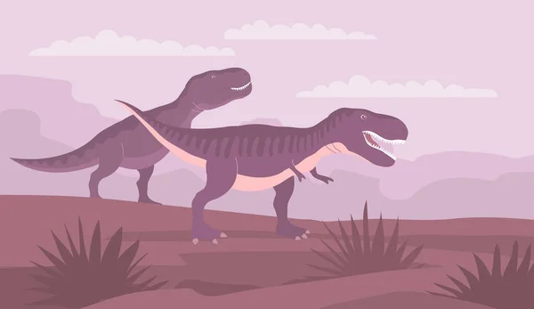ジュラ紀の大きな恐竜ティラノサウルスのレックス 狩りの２人の捕食者 カーニバルトカゲ 先史時代の強力なハンター 野生の風景 漫画ベクトルイラスト — ストックベクタ