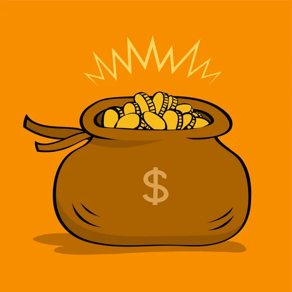 Bag of gold coins. Wealth and success. Financial savings. Idea of earning. Found treasure. Pouch of gold. Cartoon isolated art illustration