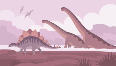 Büyük sauropodlar ve stegosaurus. Kertenkeleler suda yıkanır. Jurasik dönemin otçul dinozoru. Tarih öncesi pangolin. Bilim paleontolojisi. Vahşi doğa. Vektör çizgi film illüstrasyonu