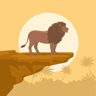 Lion male on a high rock against the backdrop of the jungle. Big cat hunter with a mane. Predatory animal mammal of Africa. King lion. Fauna and zoology. Cartoon vector illustration