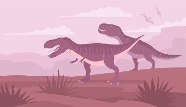 Big dinosaur tyrannosaurus rex of the Jurassic period. Two predators on the hunt. Carnivorous lizard. Prehistoric strong hunter. Wild landscape. Cartoon illustration