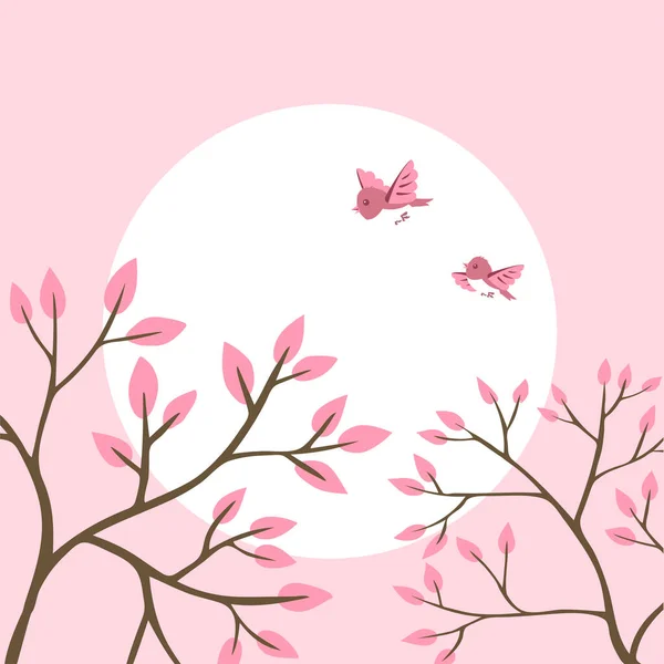 Spring tree with birds on a pink background and sun. Beautiful nature. Decoration design for a postcard. Cartoon illustration