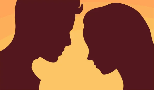 Silhouette Young Man Girl Front Orange Sunset Face Profile Couple — Fotografia de Stock