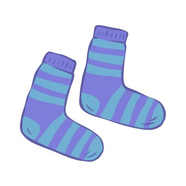 Bir çift sıcak kış çorabı. Mavi sezonluk kıyafetler. Kadın ve çocuk için çorap. Güzellik ve moda. Çizgi film vektör çizimi beyaz arkaplanda izole edildi