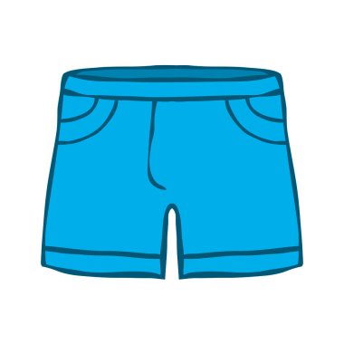 Mavi kadın sporları ve günlük pantolonlar. Şık yaz kıyafetleri. Güzellik ve moda. Kıyafet tasarımı. Modern kadın kıyafetleri. Aktif yaşam tarzı. Çizgi film vektör çizimi beyaz arkaplanda izole edildi
