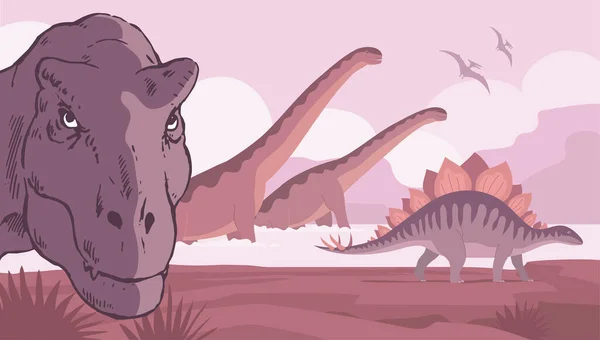 Depredador Tiranosaurio Grandes Saurópodos Estegosaurios Dinosaurio Herbívoro Del Período Jurásico — Vector de stock