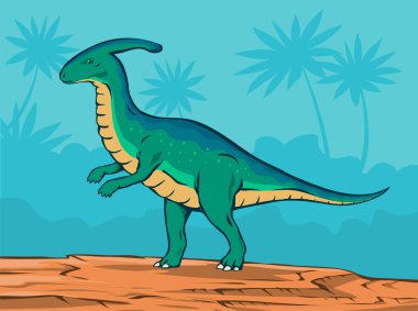 Antik pangolin parasaurolophus. Kafasında boynuz olan tarih öncesi bir hayvan. Jurasik dönemin otçul dinozoru. Bilim paleontolojisi. Çizgi film vektör sanat çizimi el çizimi