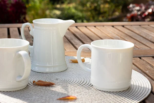 White Jug Milk Cups Wooden Table Breakfast Veranda Fresh Drink — Stock Photo, Image