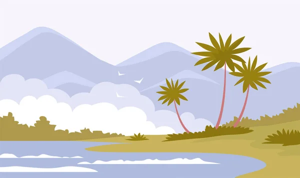 Landscape Tropical Forest Palm Trees Mountain Lake Shore Green Rainforest — Stok Vektör