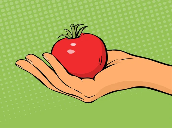 Une Jeune Femme Tenant Une Tomate Savoureux Légume Rouge Main — Image vectorielle