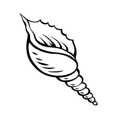 Salyangoz deniz kabuğu. Deniz altı deniz kabuğu bükülmüş. Spiral şekilli. Deniz altı yumuşakçaları. Hayvanlar ve vahşi yaşam. Çizgi film izole edilmiş sanat illüstrasyonu. Vektör siyah ve beyaz çizim