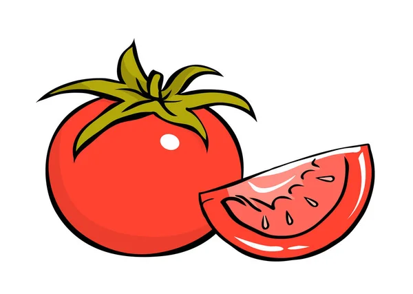 葉で赤いトマトを熟す 野菜のスライス 役に立つ野菜 健康的な食事 農業生産 白い背景に描かれた漫画のベクトルアートイラスト 手描きスケッチ — ストックベクタ