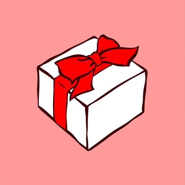 红色弓形白色礼品盒 礼物度假 在粉色背景上孤立的卡通矢量图解 手绘轮廓风格 — 图库矢量图片