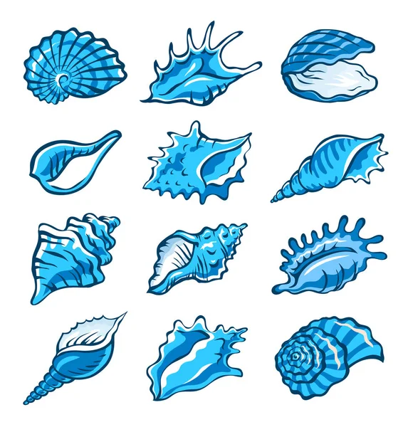 Seashells Set Marine Underwater Twisted Shell Undersea Mollusc Decorative Element — Stock Vector