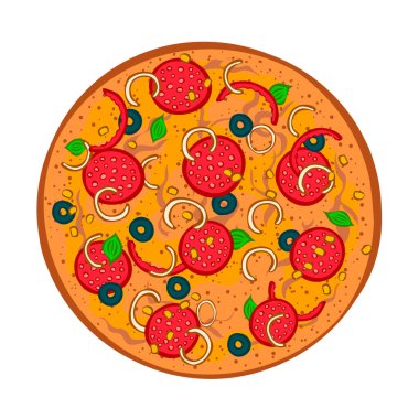 Salamlı, zeytinli, biberli pizza. Lezzetli yemekler. Pizzacıda öğle yemeği menüsü. Çizgi film vektör çizimi beyaz arkaplanda izole edildi. Üst görünüm
