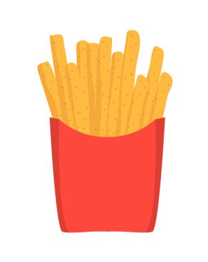Pakette patates kızartması. Fast food. Kızarmış patates. Düz vektör çizimi beyaz arkaplanda izole edildi