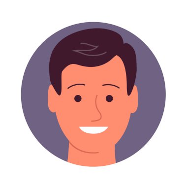 Mutlu bir gülümsemesi olan neşeli genç bir adamın portresi. Avatar erkeği. Düz vektör çizimi beyaz arkaplanda izole edildi