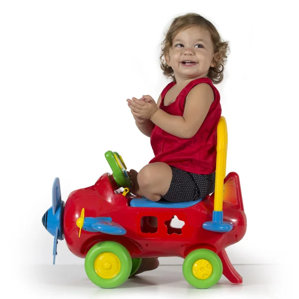 Baby girl and airplane toy — Stock Photo, Image