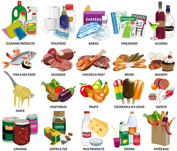 Set of sixty four supermarket icons — Stockfoto