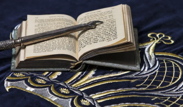 Livro bíblico aberto em hebraico com prata apontando mão vara — Fotografia de Stock