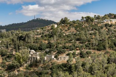 Kuzey İsrail - Dağlarda yeşil ormanlarla çevrili panoramik evler. Arka planda mavi gökyüzü ve bulutlar görünüyor.