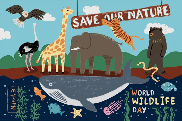 世界野生动物日海报 3月3日 带着标牌的可爱动物 拯救我们的自然标志 矢量说明 — 图库矢量图片