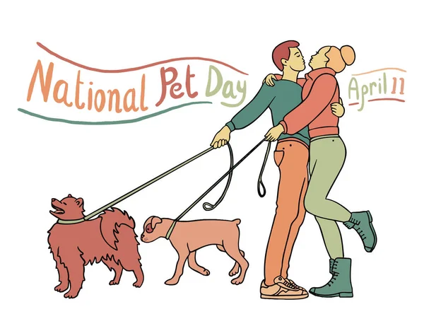 National Pet Day April Illustration Man Woman Two Dogs Meeting — Stock Vector