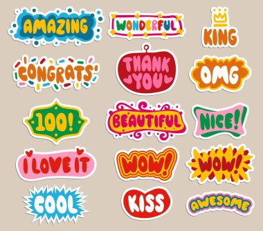 Set of cute and fun, appreciation stickers. Fifteen ways to show your love and sympathy. Comics style, vector file.
