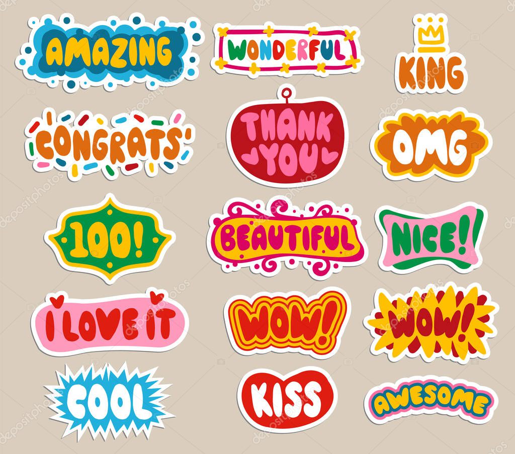 Set of cute and fun, appreciation stickers. Fifteen ways to show your love and sympathy. Comics style, vector file.