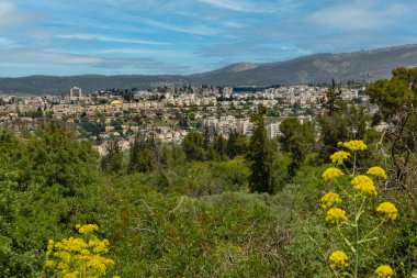 Beit Shemesh şehir manzarası, İsrail. Şehir yeşil bitki örtüsüne ve dağlara batmış..